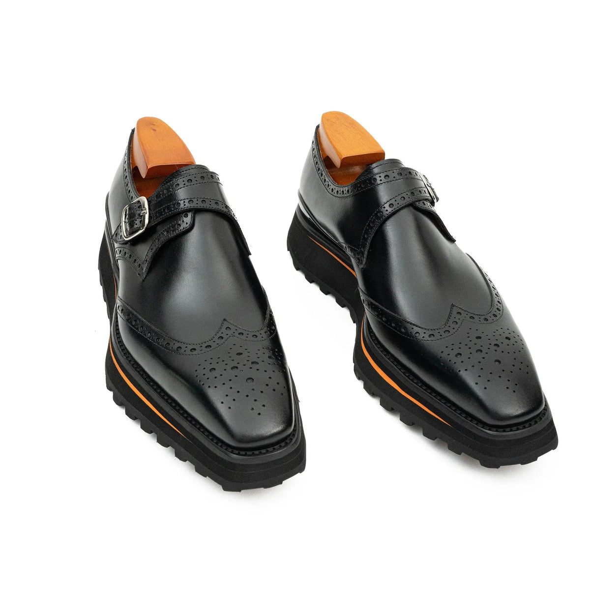 Black Wingtip Single-Monk Shoes with Orange Sole Trim