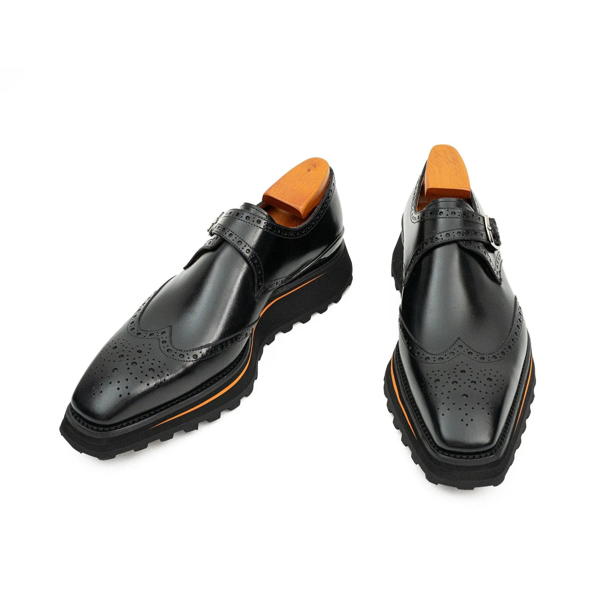 Black Wingtip Single-Monk Shoes with Orange Sole Trim