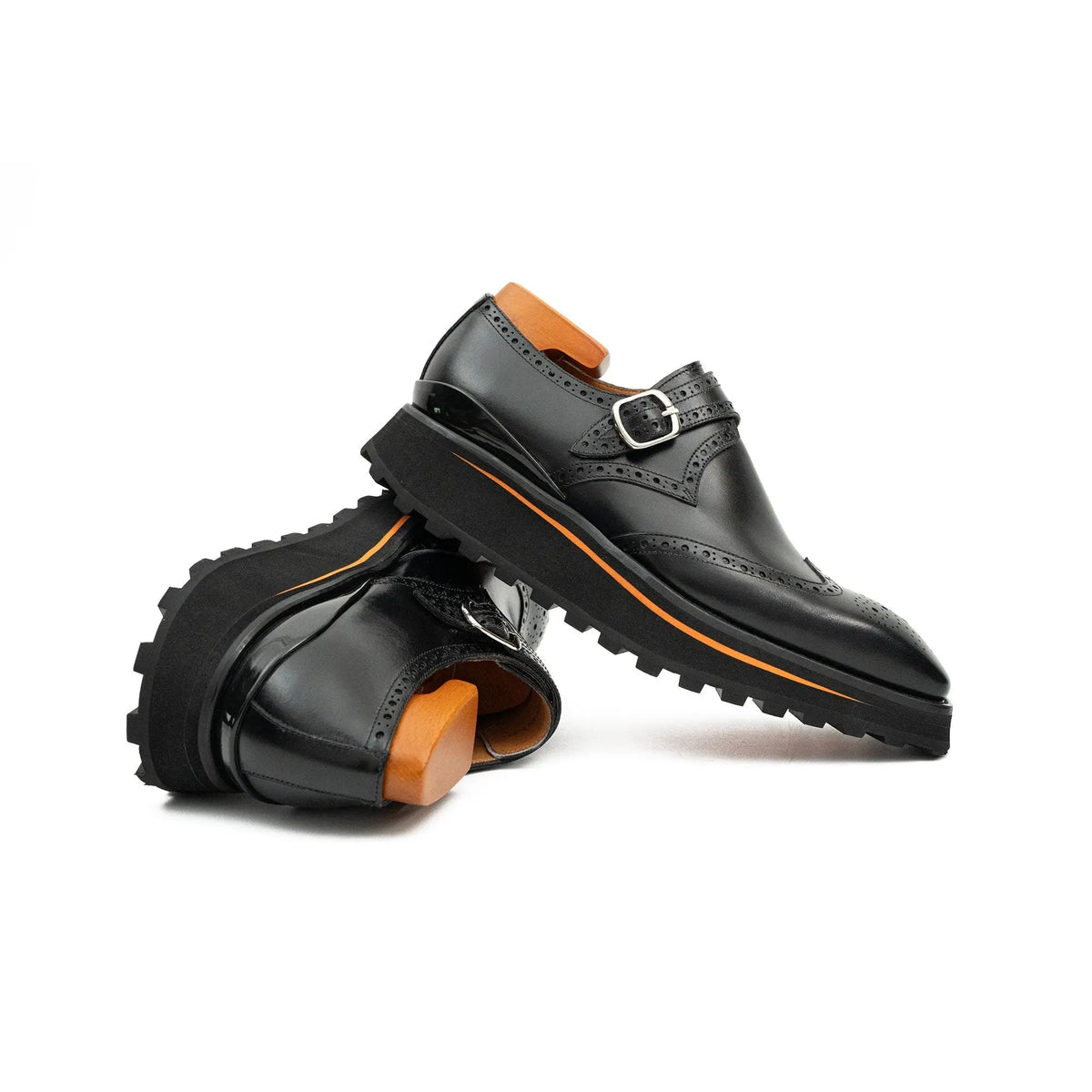 Black Wingtip Single-Monk Shoes with Orange Sole Trim