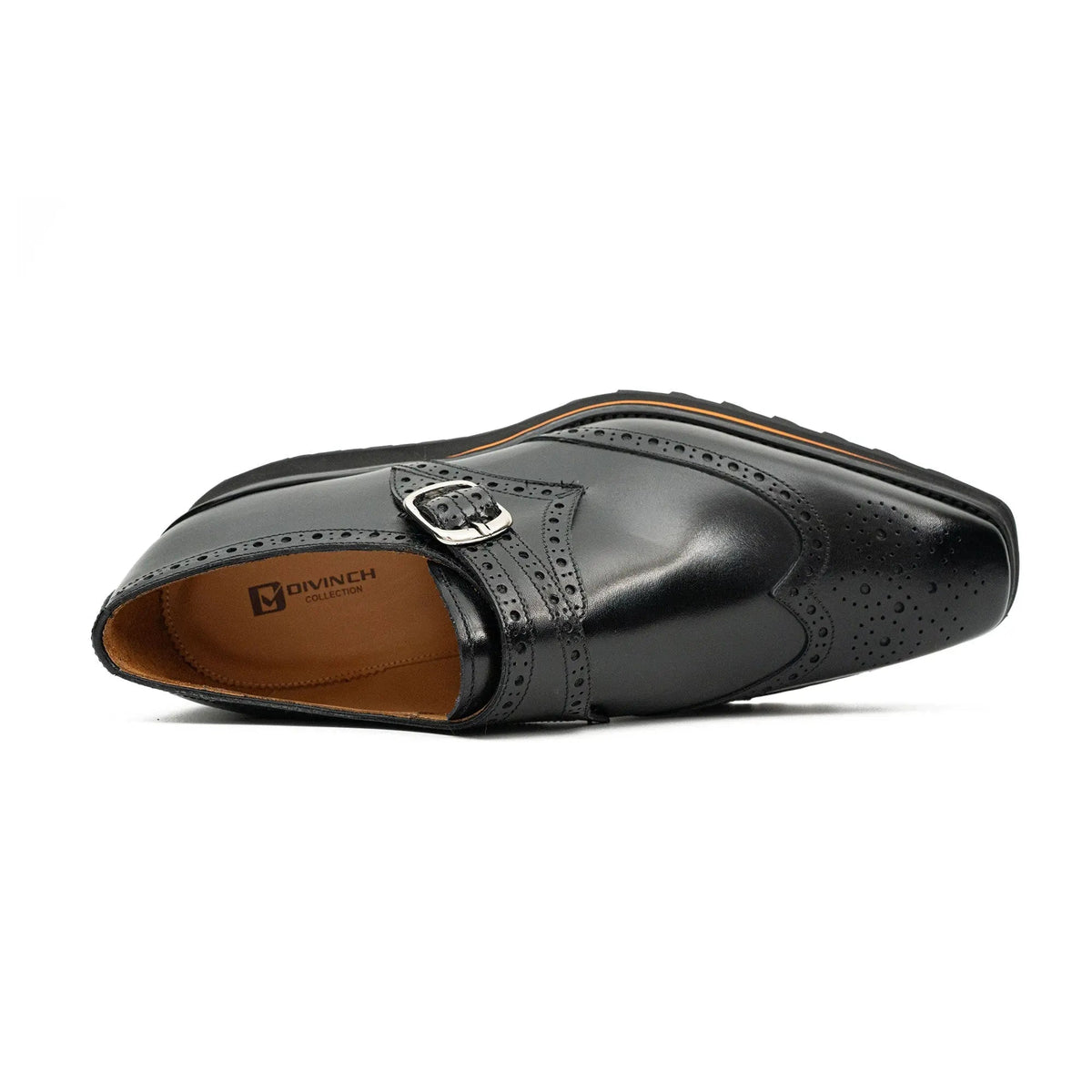 Black Wingtip Single-Monk Shoes with Orange Sole Trim