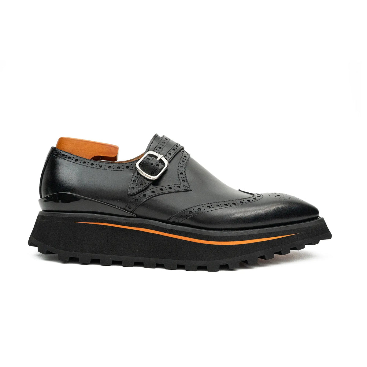 Black Wingtip Single-Monk Shoes with Orange Sole Trim