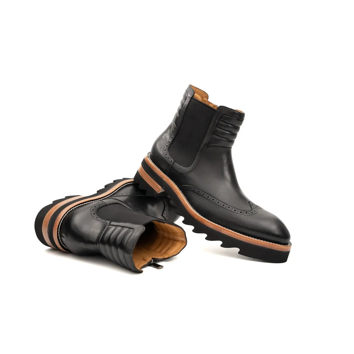 Black Wingtip Brogue Chelsea Boots with Tan Trim