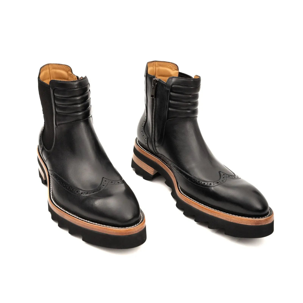 Black Wingtip Brogue Chelsea Boots with Tan Trim