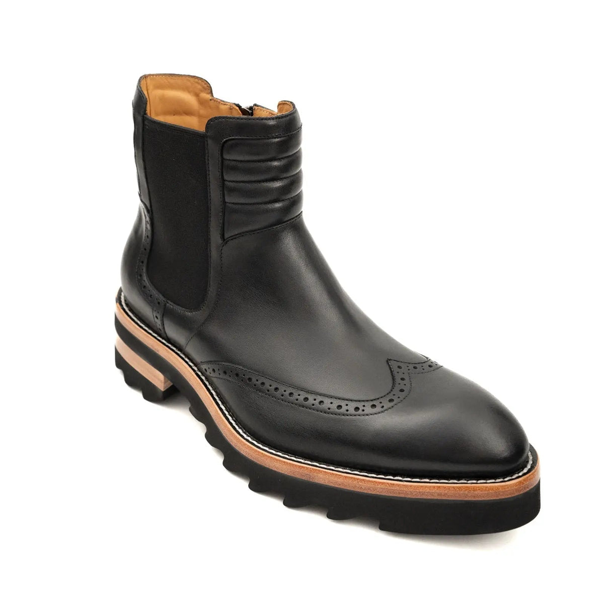 Black Wingtip Brogue Chelsea Boots with Tan Trim