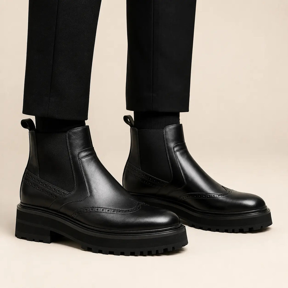 Black Wingtip Brogue Chelsea Boots