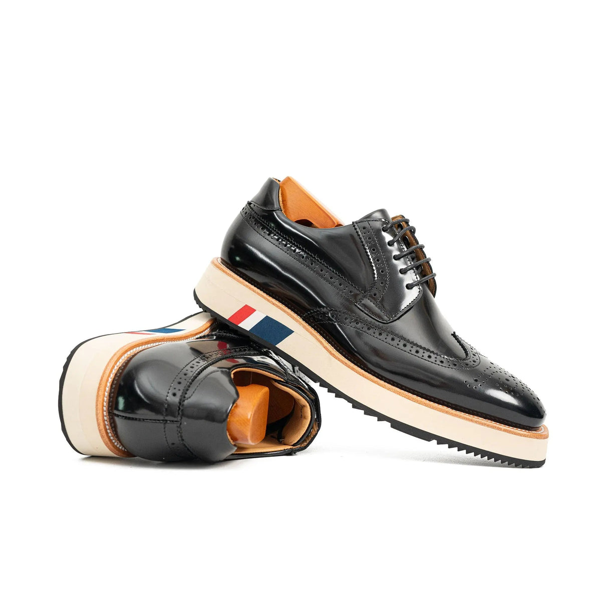 Black Wingtip Derby Shoes with Color-Block Sole