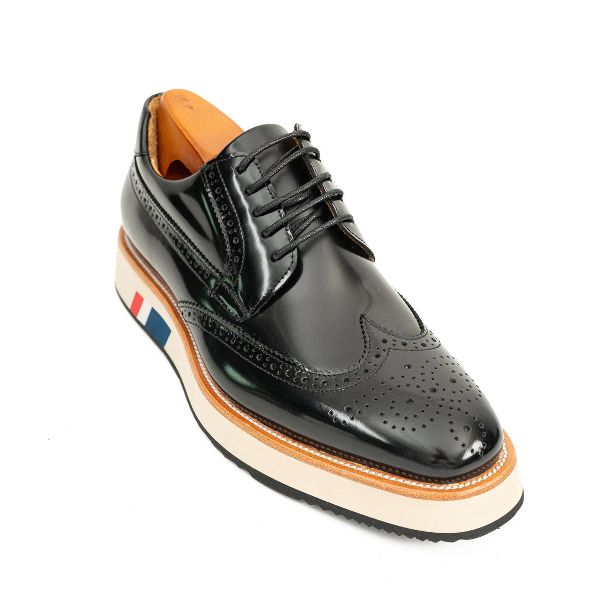 Black Wingtip Derby Shoes with Color-Block Sole