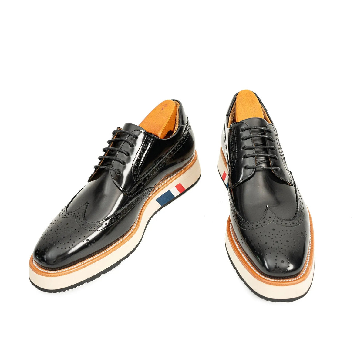 Black Wingtip Derby Shoes with Color-Block Sole