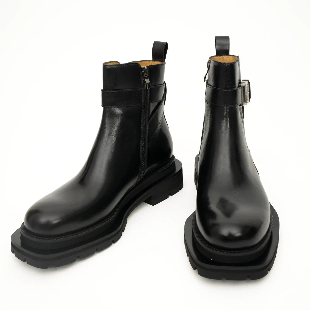 Black Leather Buckle Ankle Boots with Black Lug Sole