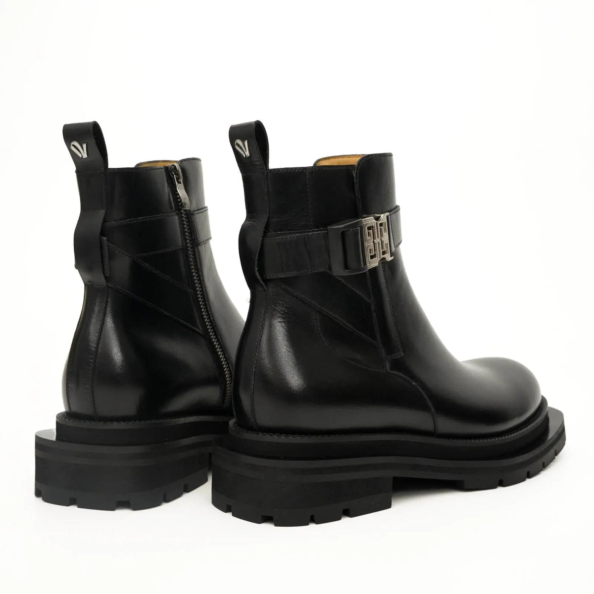 Black Leather Buckle Ankle Boots with Black Lug Sole