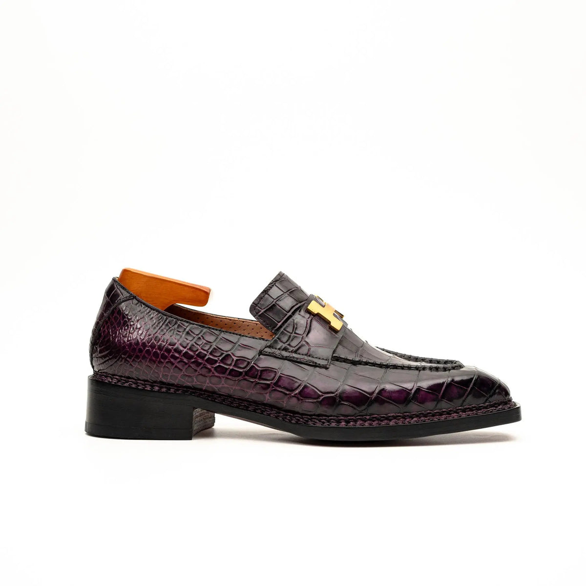 Burgundy-Black Apron-Toe Crocodile Leather Bit Loafers