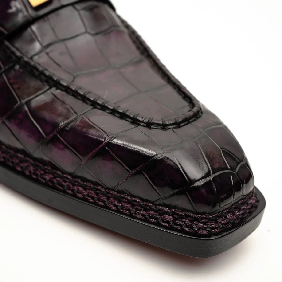Burgundy-Black Apron-Toe Crocodile Leather Bit Loafers