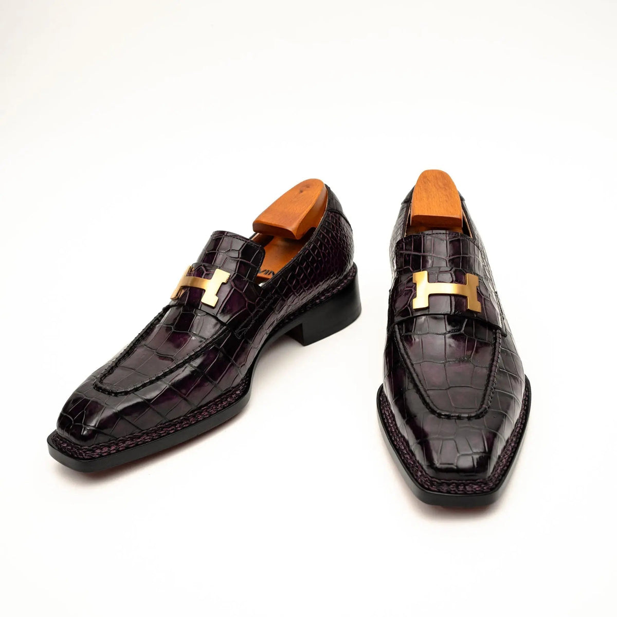 Burgundy-Black Apron-Toe Crocodile Leather Bit Loafers
