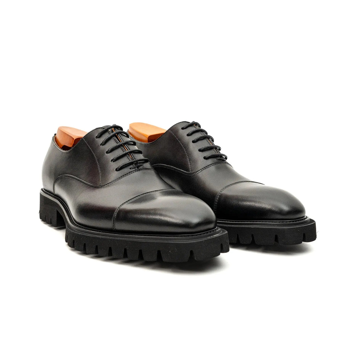 Black Cap-Toe Calf Leather Oxford Shoes