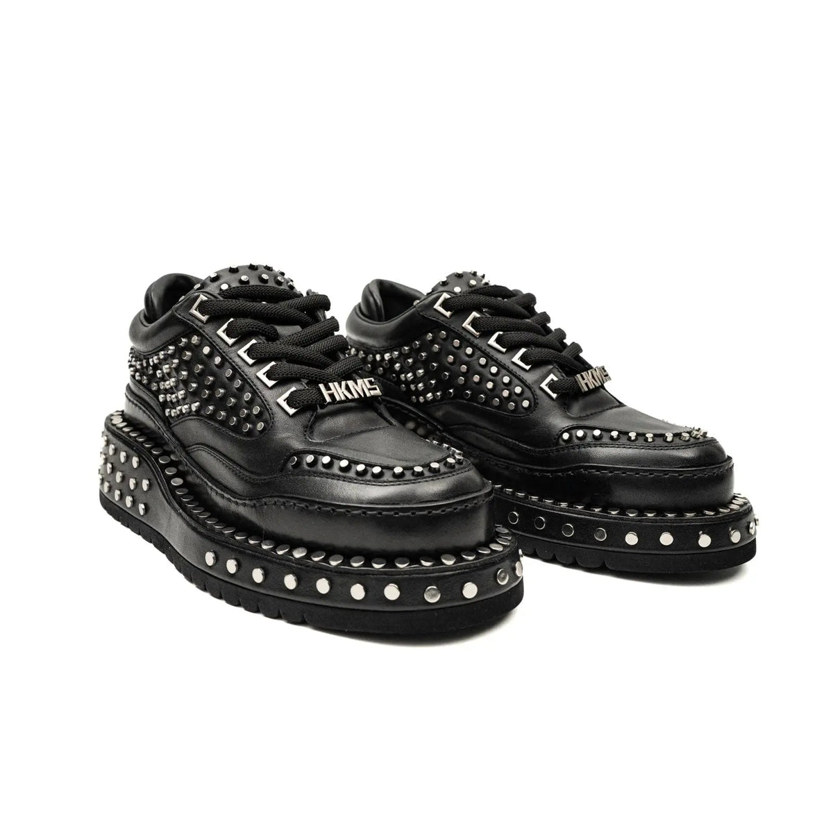 Black Studded Calf Leather Derby Shoes