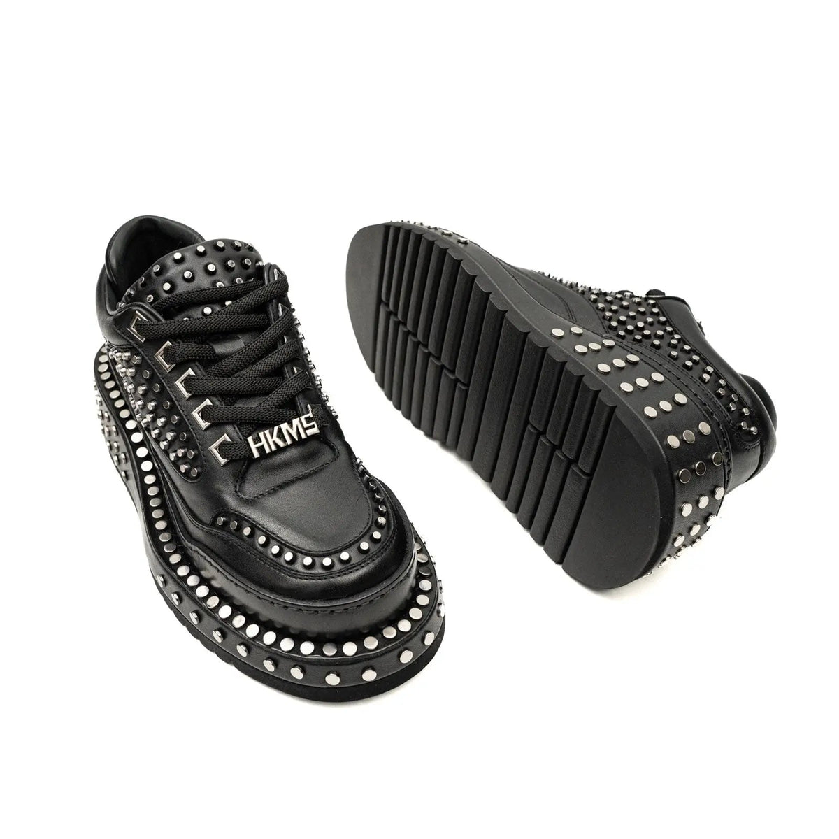 Black Studded Calf Leather Derby Shoes