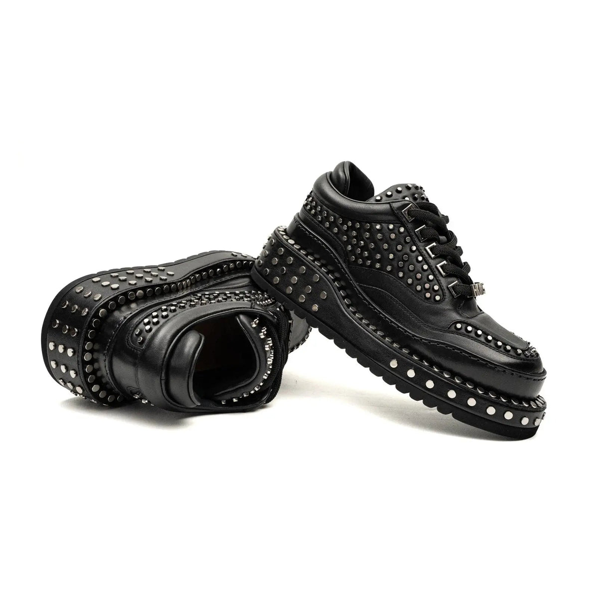 Black Studded Calf Leather Derby Shoes