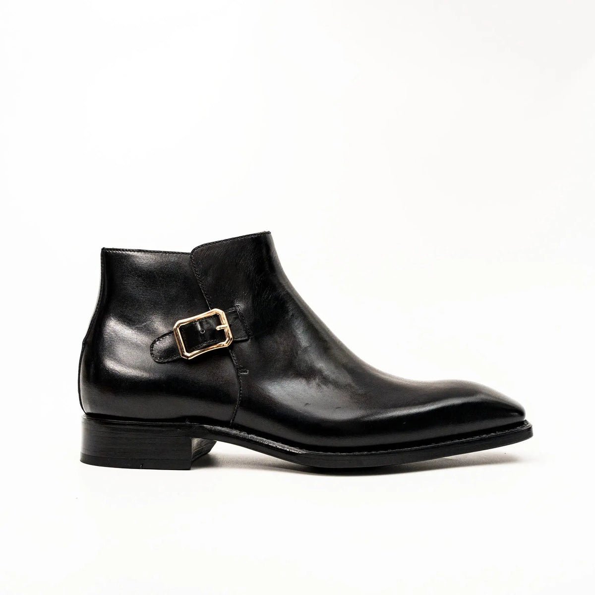 Black Square-Toe Calf Leather Buckle Ankle Boots