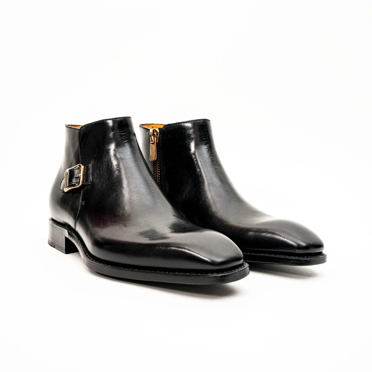 Black Square-Toe Calf Leather Buckle Ankle Boots