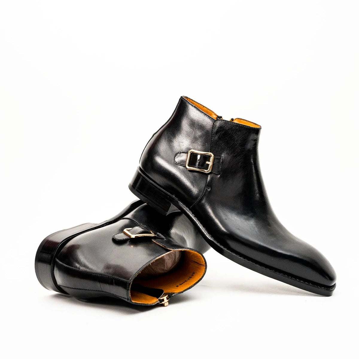 Black Square-Toe Calf Leather Buckle Ankle Boots