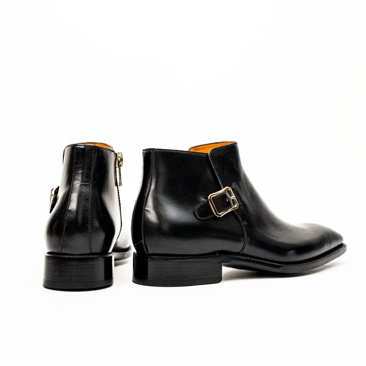 Black Square-Toe Calf Leather Buckle Ankle Boots