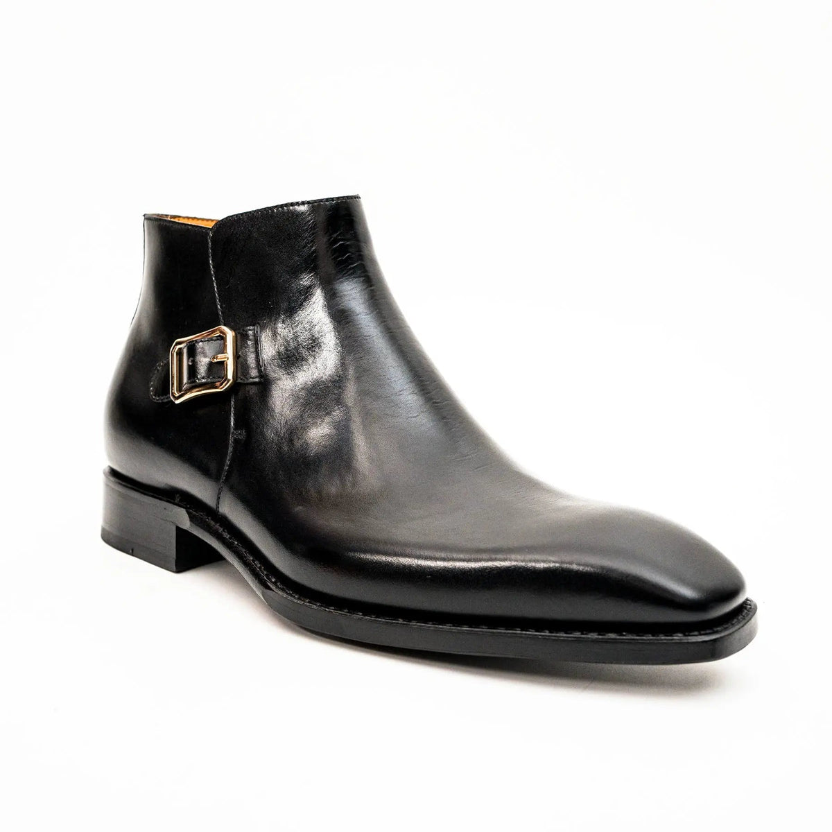 Black Square-Toe Calf Leather Buckle Ankle Boots