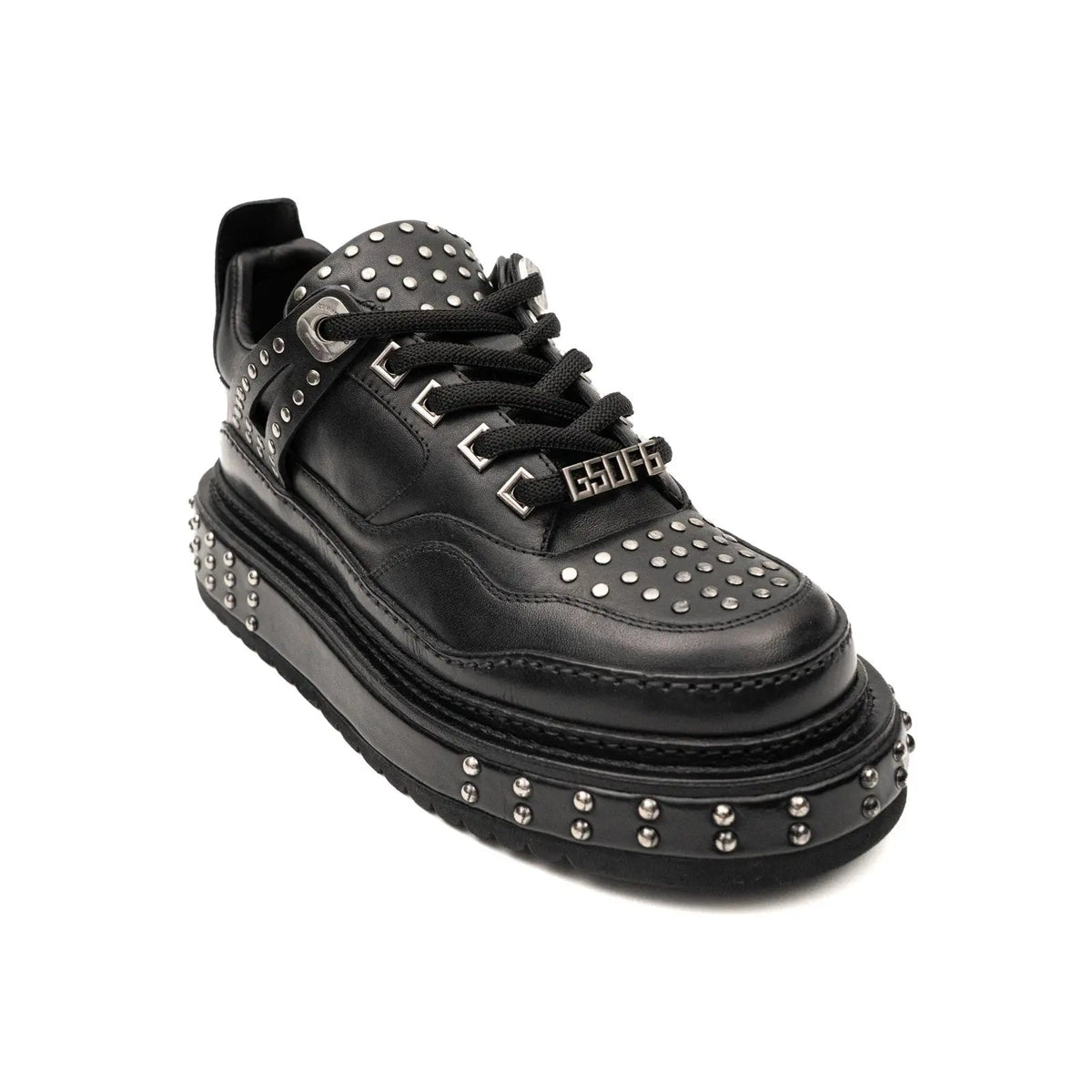 Black Studded Calf Leather Platform Sneakers