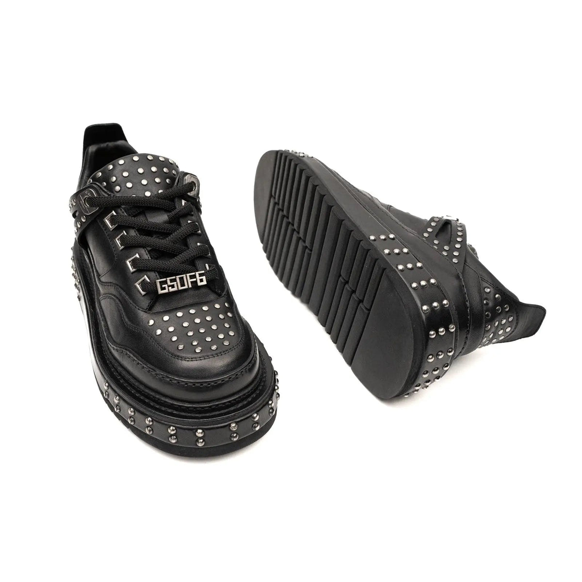 Black Studded Calf Leather Platform Sneakers