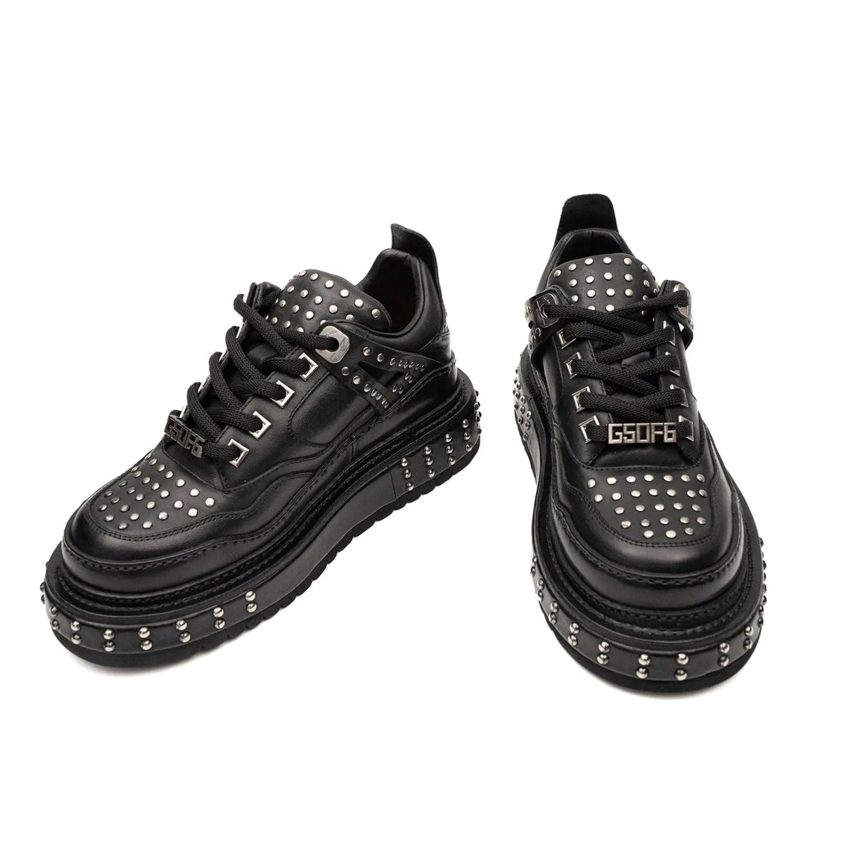 Black Studded Calf Leather Platform Sneakers