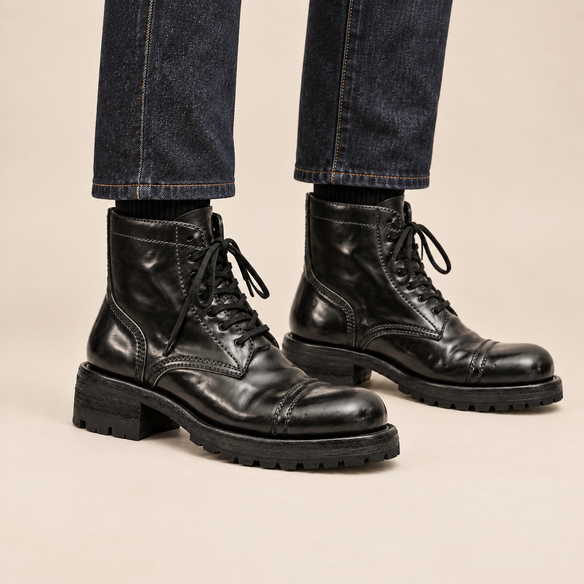Black Cap-Toe Horse Butt Leather Ankle Boots