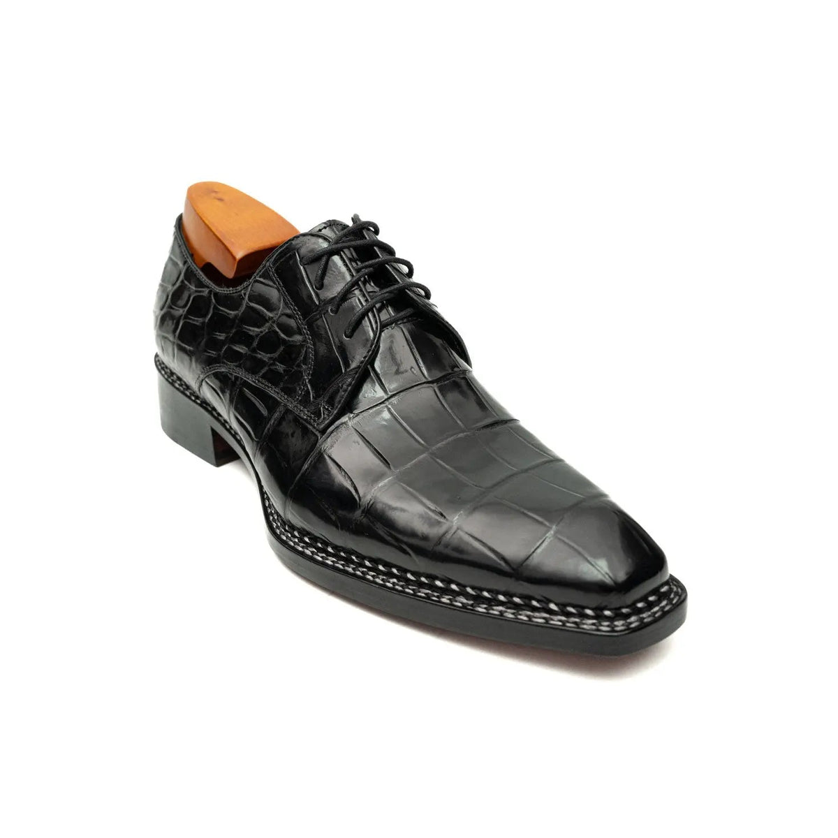 Black Square-Toe Crocodile Leather Derby Shoes