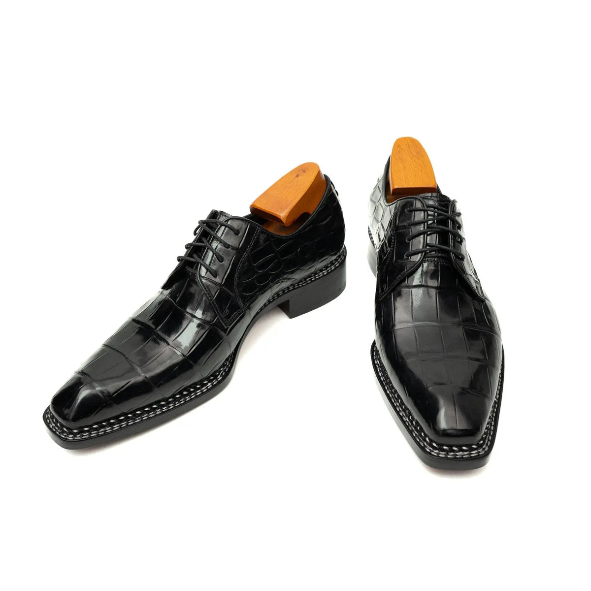 Black Square-Toe Crocodile Leather Derby Shoes
