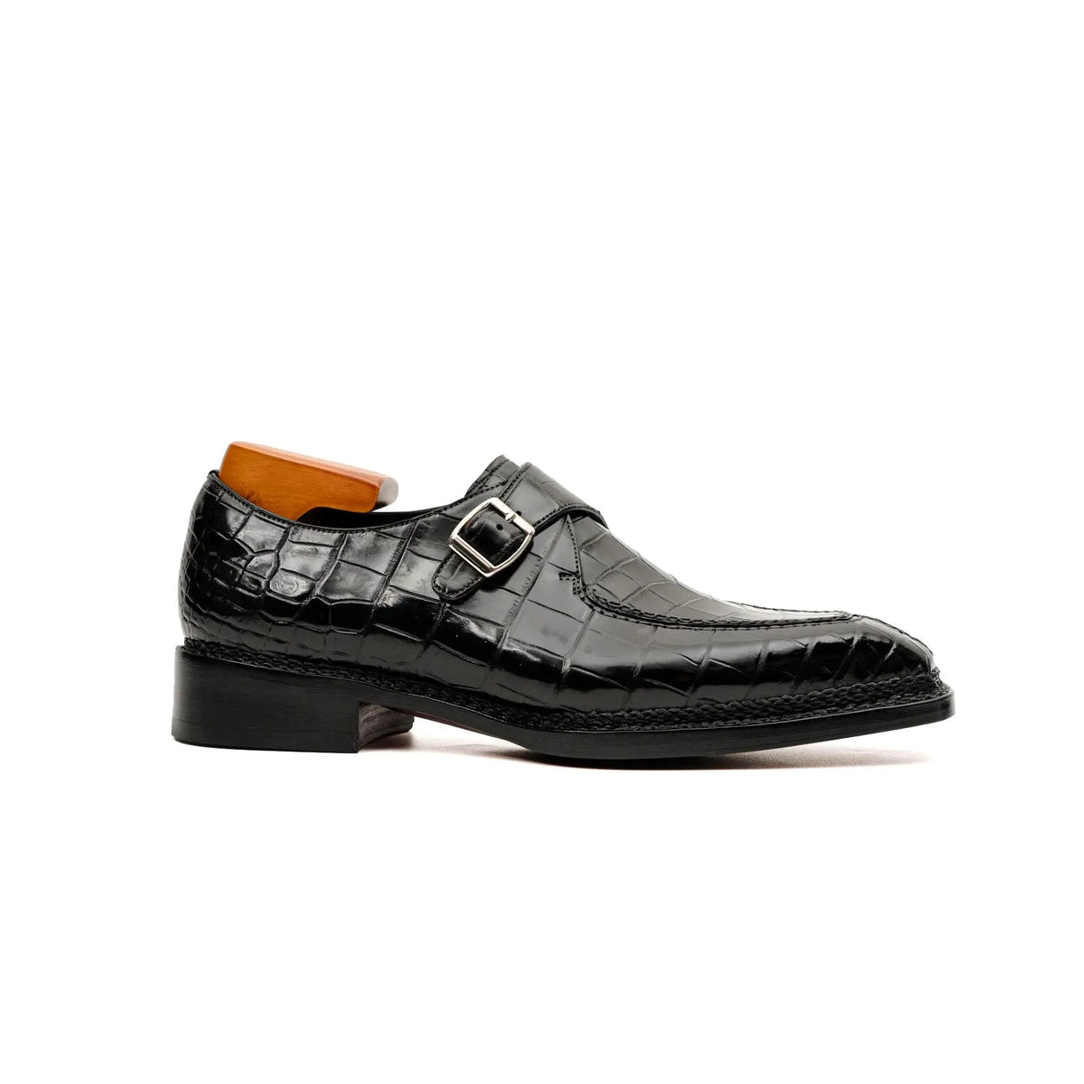 Black Apron-Toe Crocodile Leather Monk Shoes