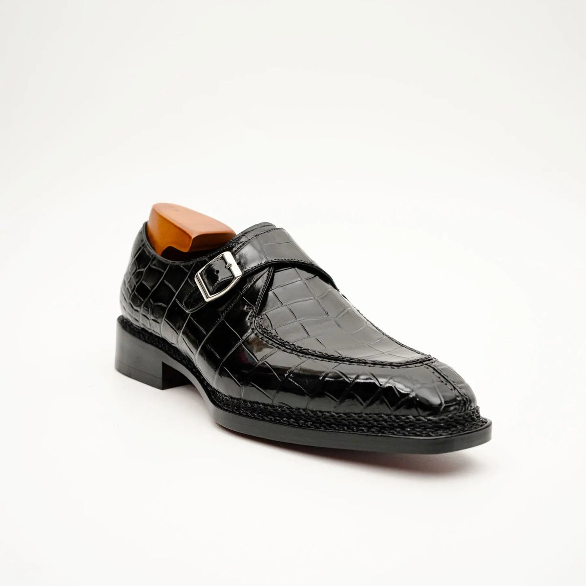 Black Apron-Toe Crocodile Leather Monk Shoes