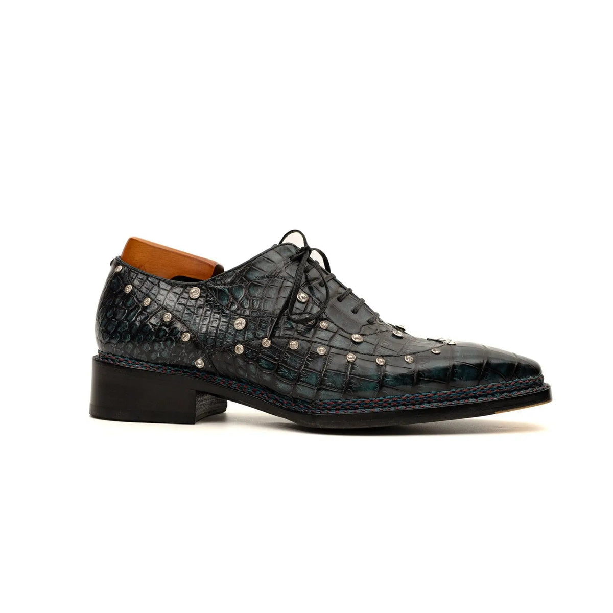 Black Studded Crocodile Leather Oxford Shoes