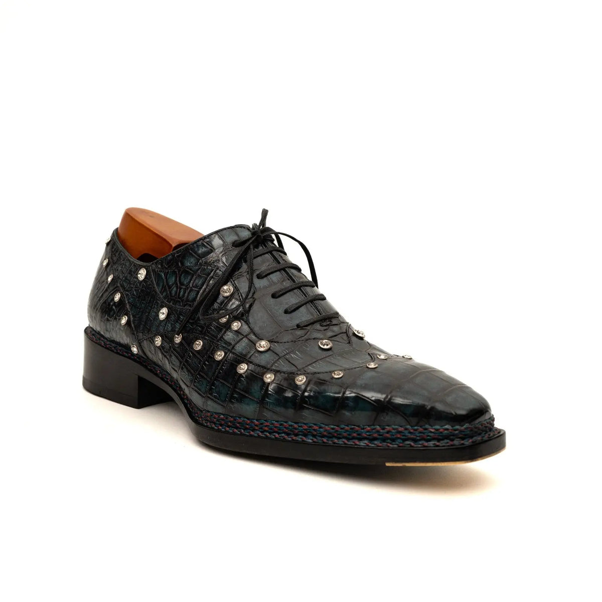 Black Studded Crocodile Leather Oxford Shoes