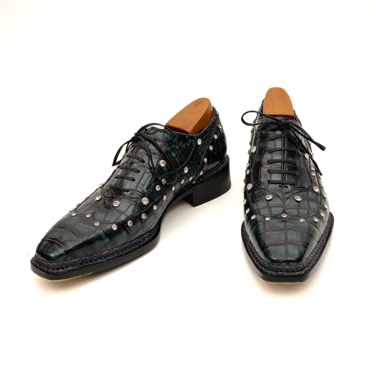 Black Studded Crocodile Leather Oxford Shoes