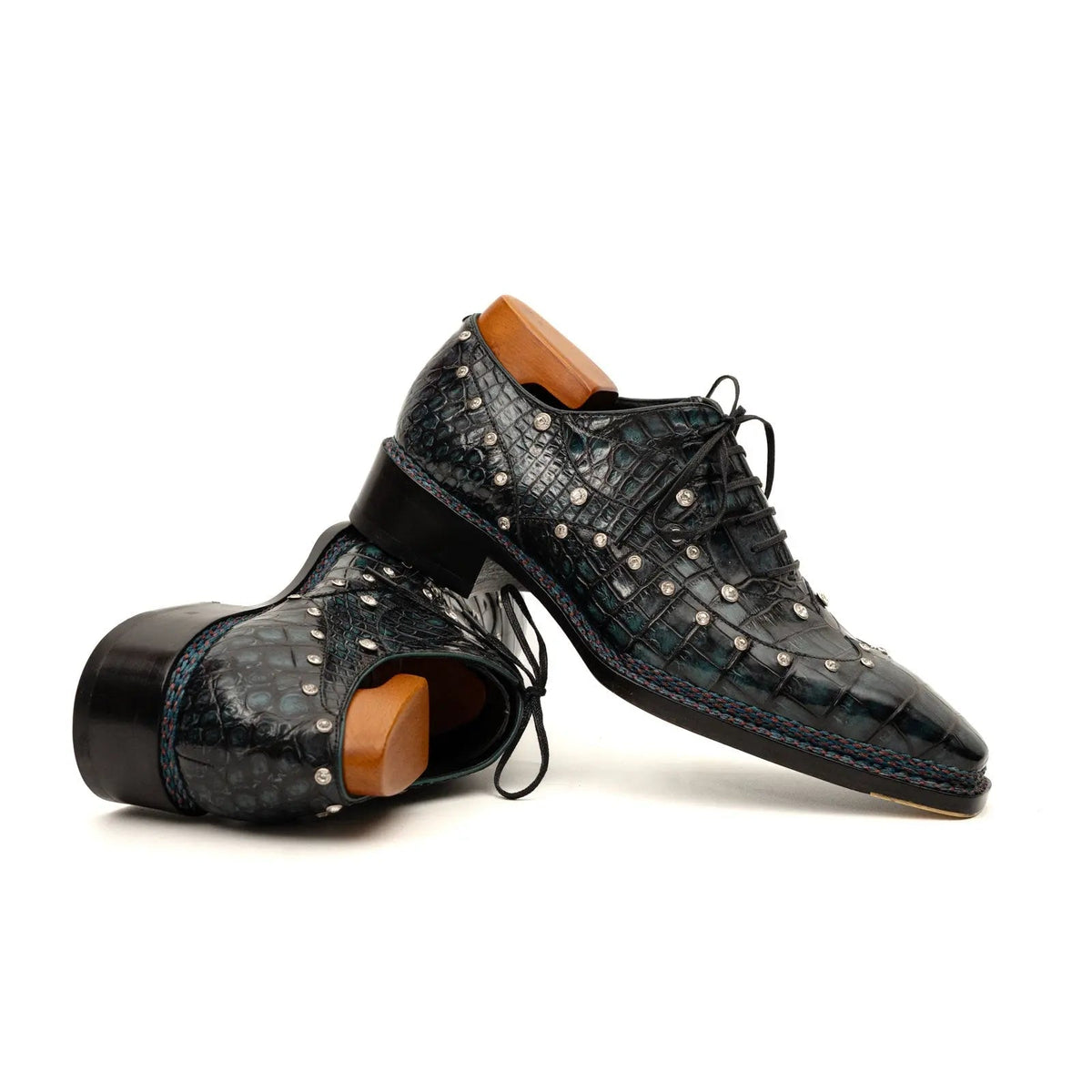 Black Studded Crocodile Leather Oxford Shoes