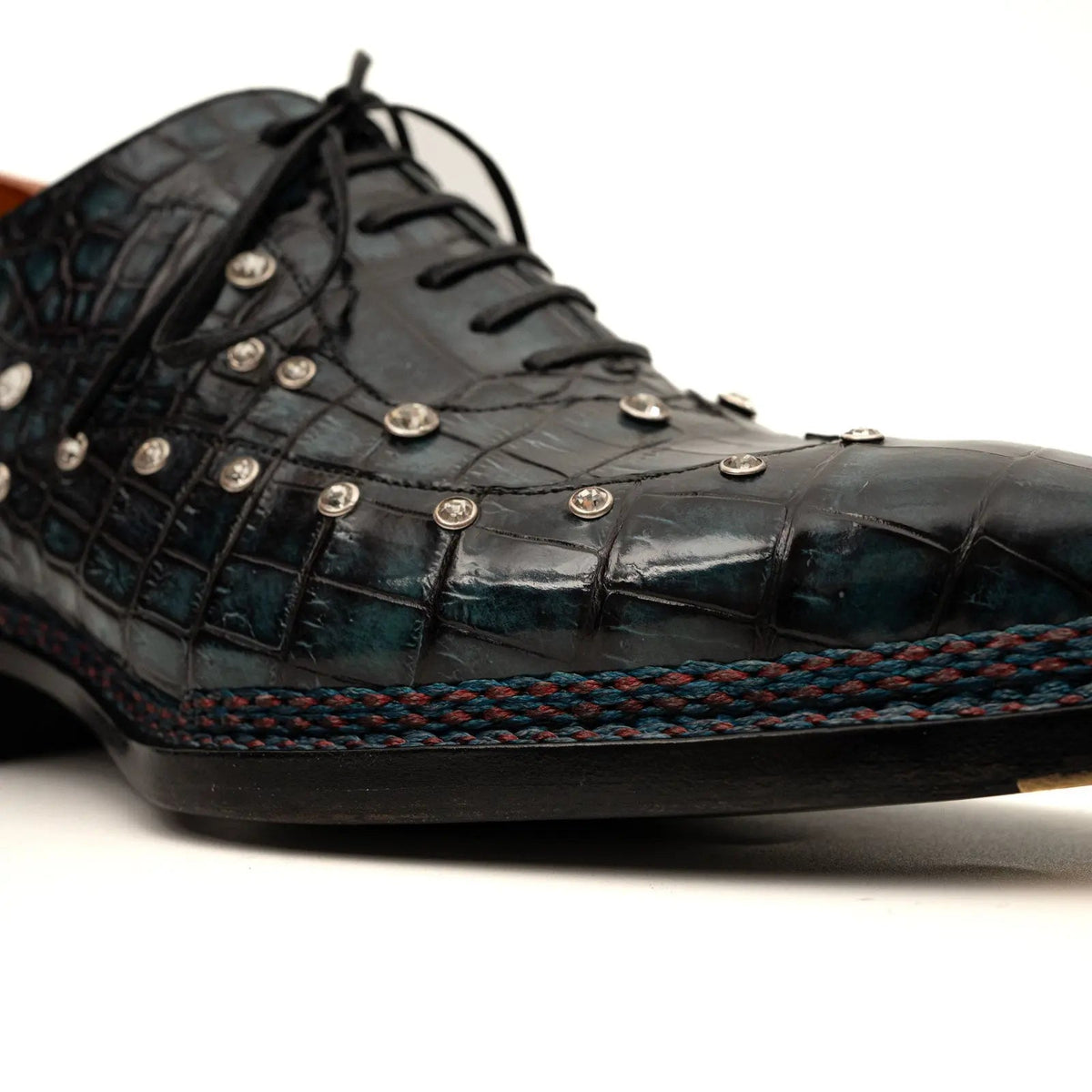 Black Studded Crocodile Leather Oxford Shoes