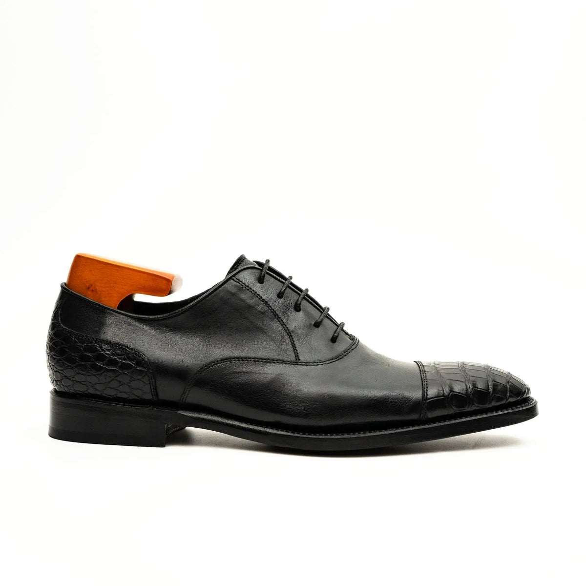 Black Cap-Toe Calf & Crocodile Leather Oxford Shoes