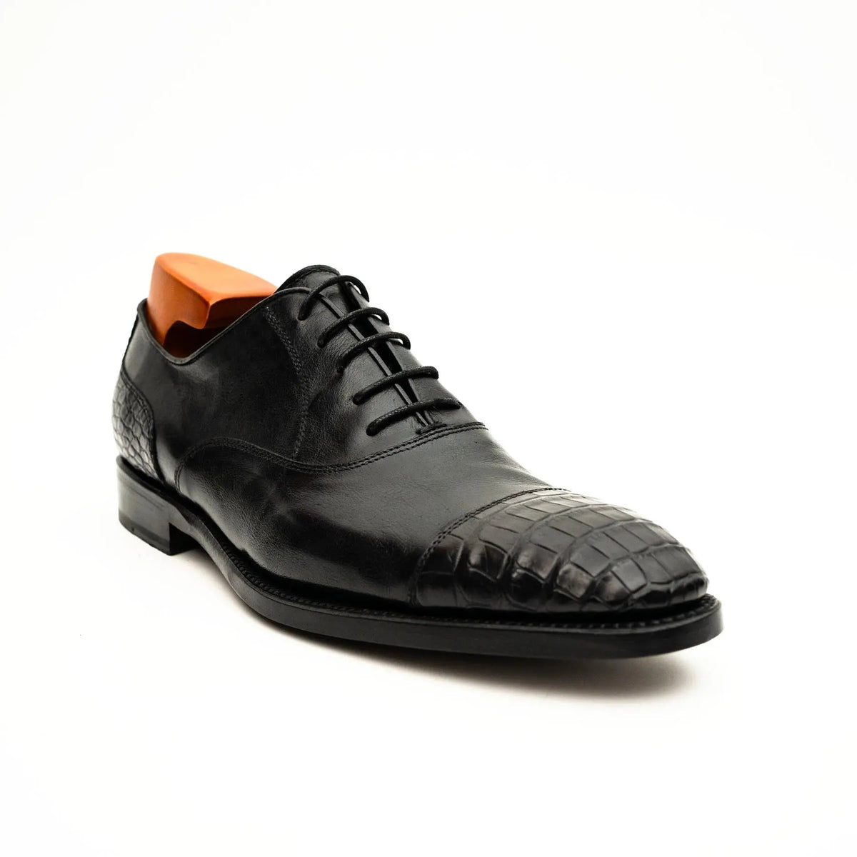 Black Cap-Toe Calf & Crocodile Leather Oxford Shoes