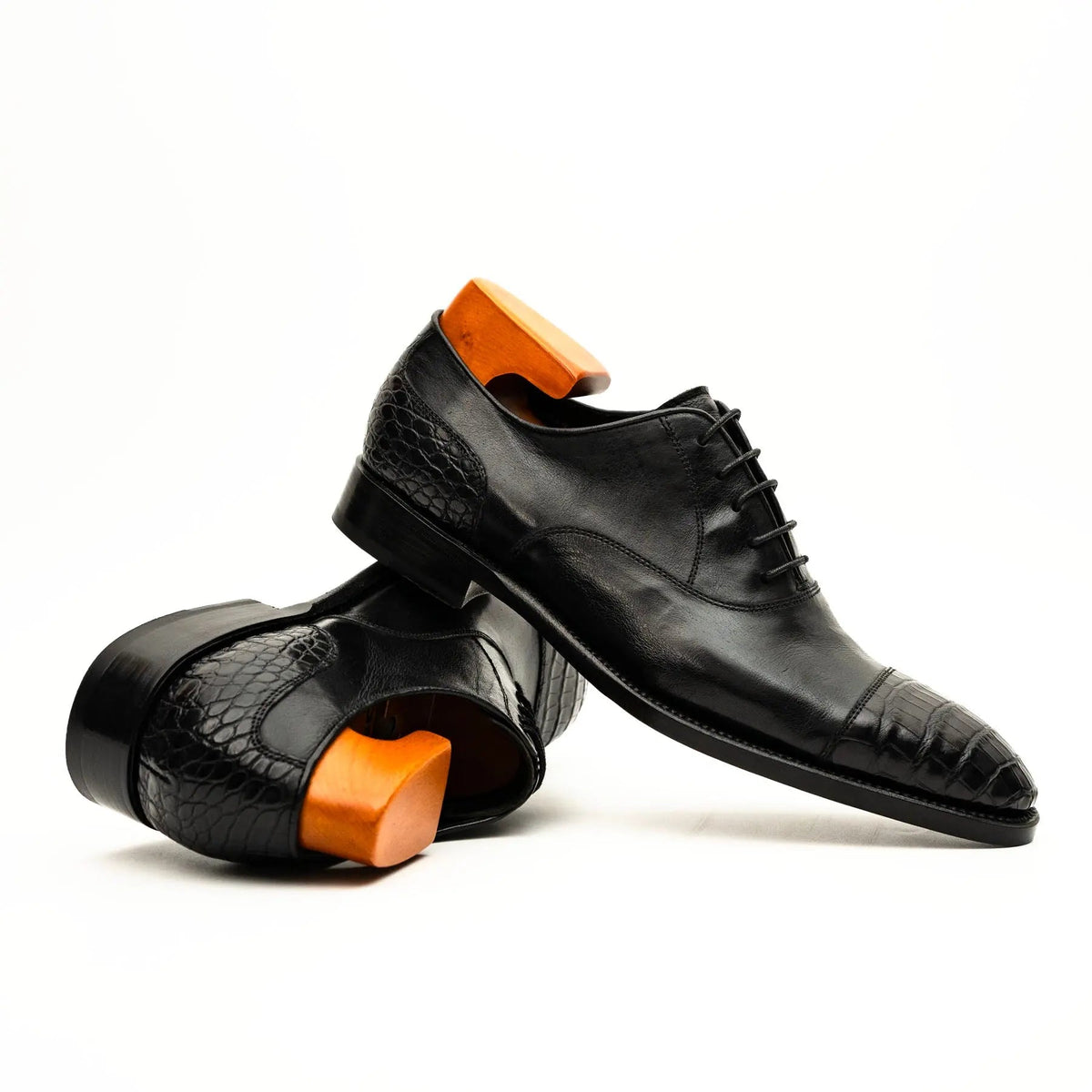 Black Cap-Toe Calf & Crocodile Leather Oxford Shoes