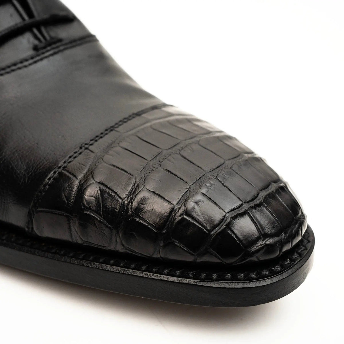 Black Cap-Toe Calf & Crocodile Leather Oxford Shoes