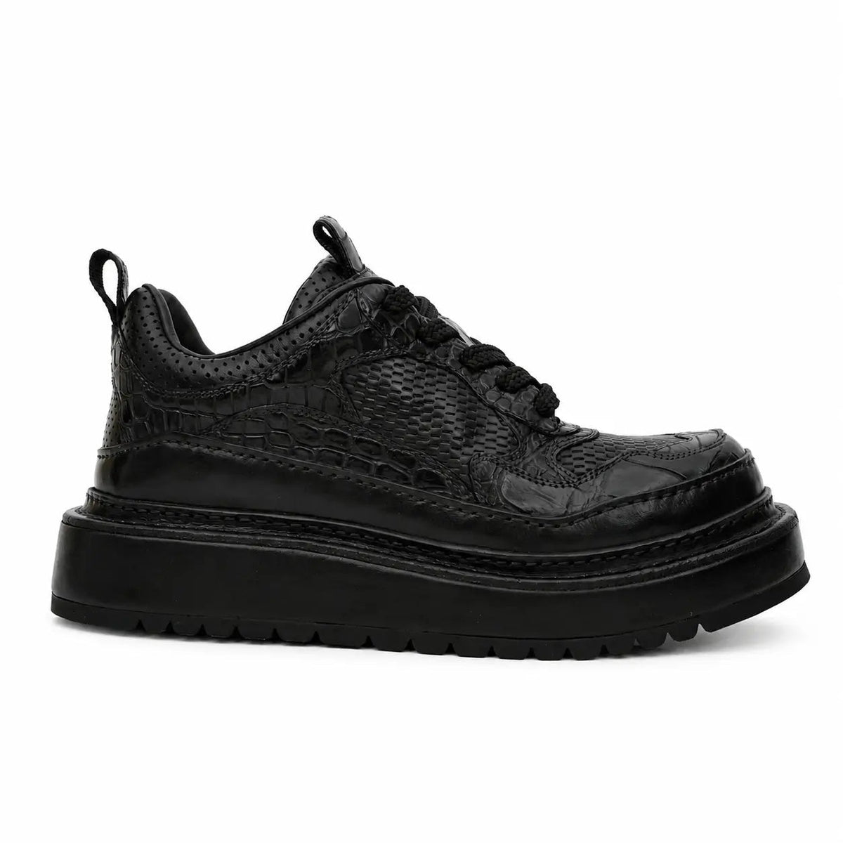 Black Platform Calf & Crocodile Leather Derby Shoes