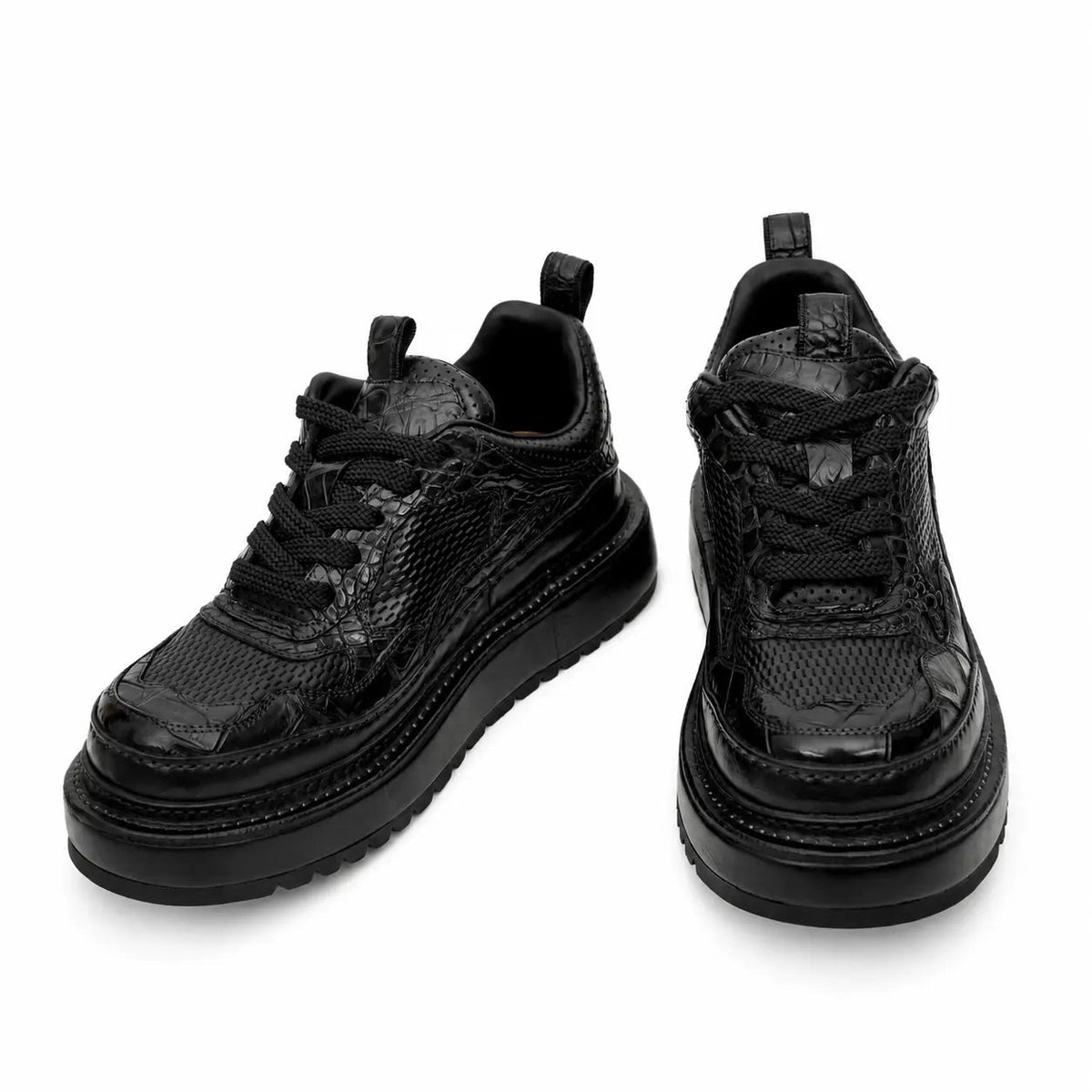 Black Platform Calf & Crocodile Leather Derby Shoes