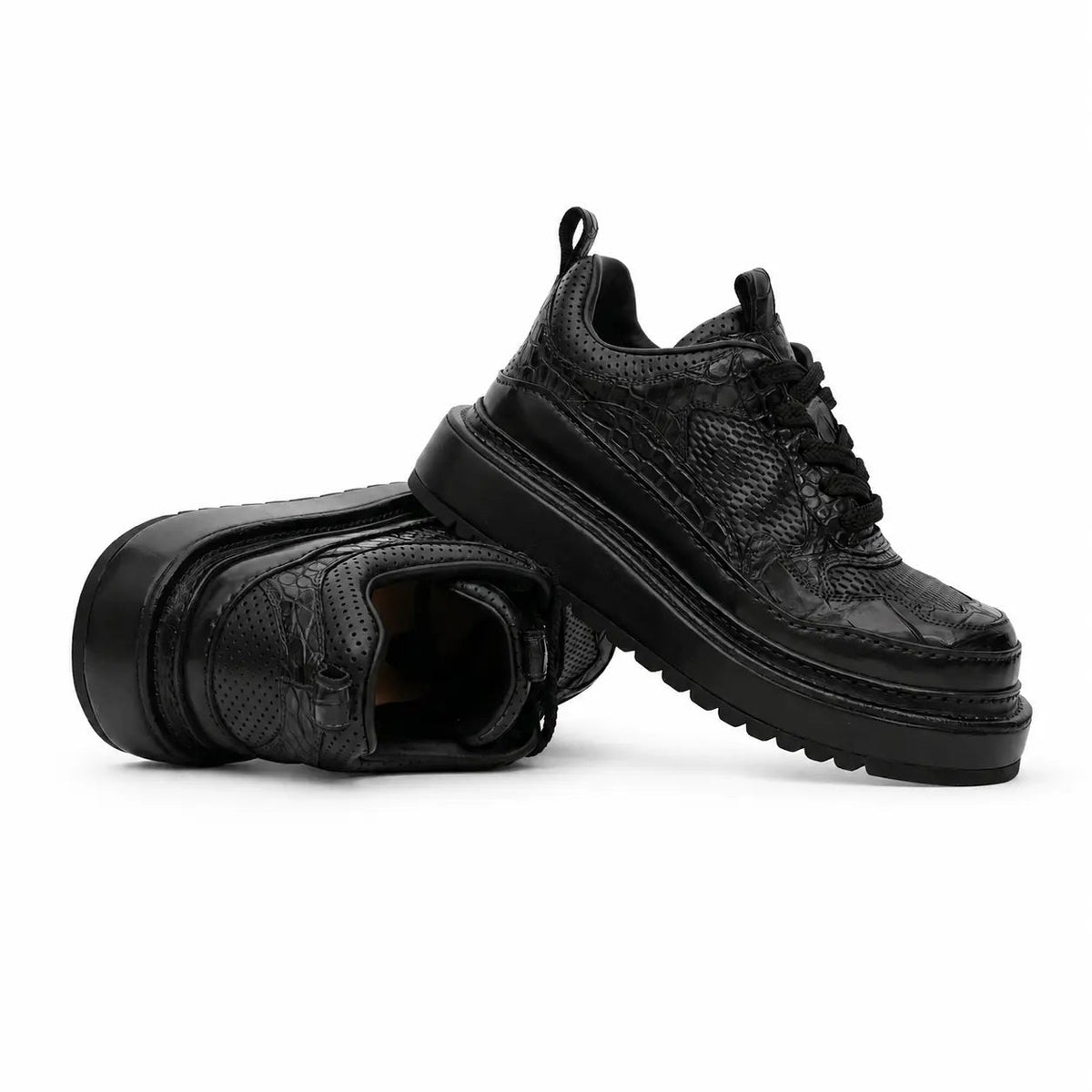 Black Platform Calf & Crocodile Leather Derby Shoes