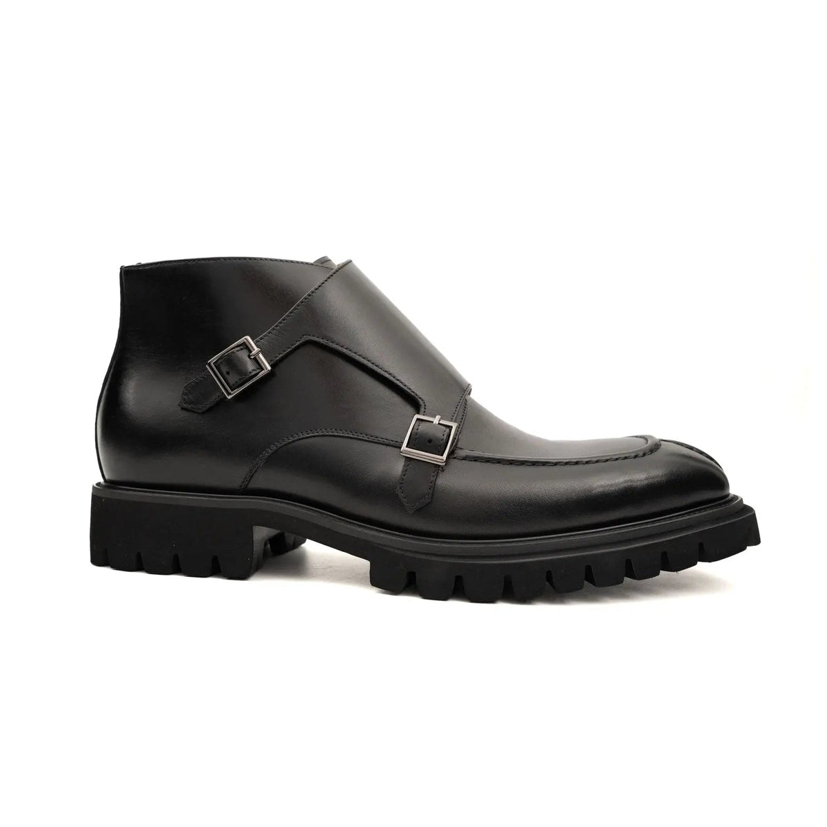 Black Calf Leather Buckle Ankle Boots