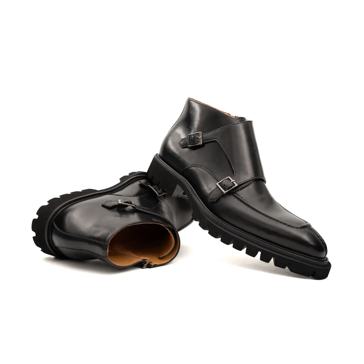 Black Calf Leather Buckle Ankle Boots
