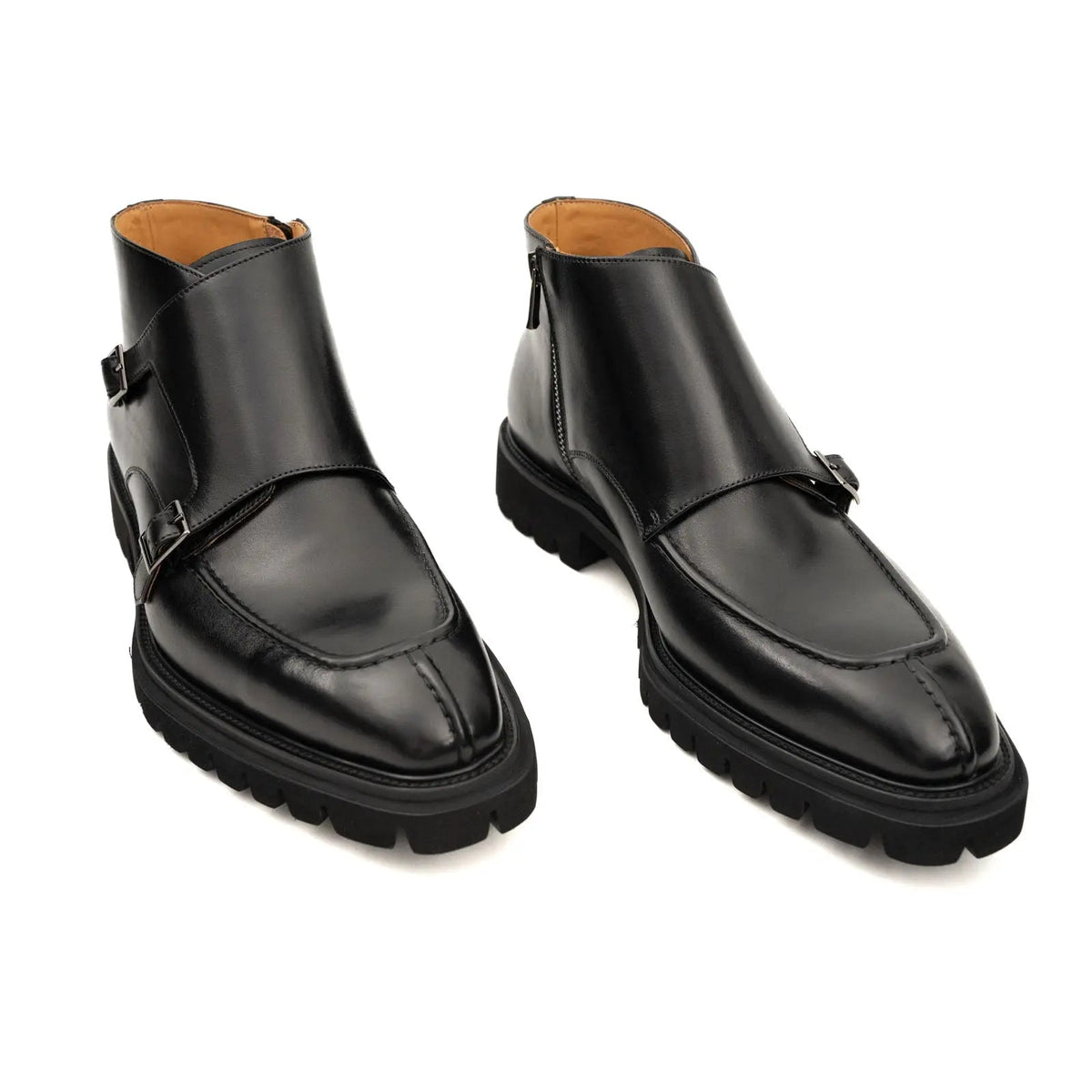 Black Calf Leather Buckle Ankle Boots