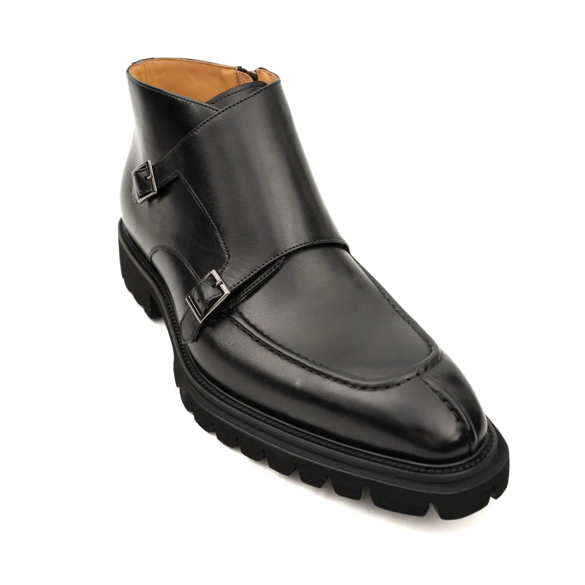 Black Calf Leather Buckle Ankle Boots